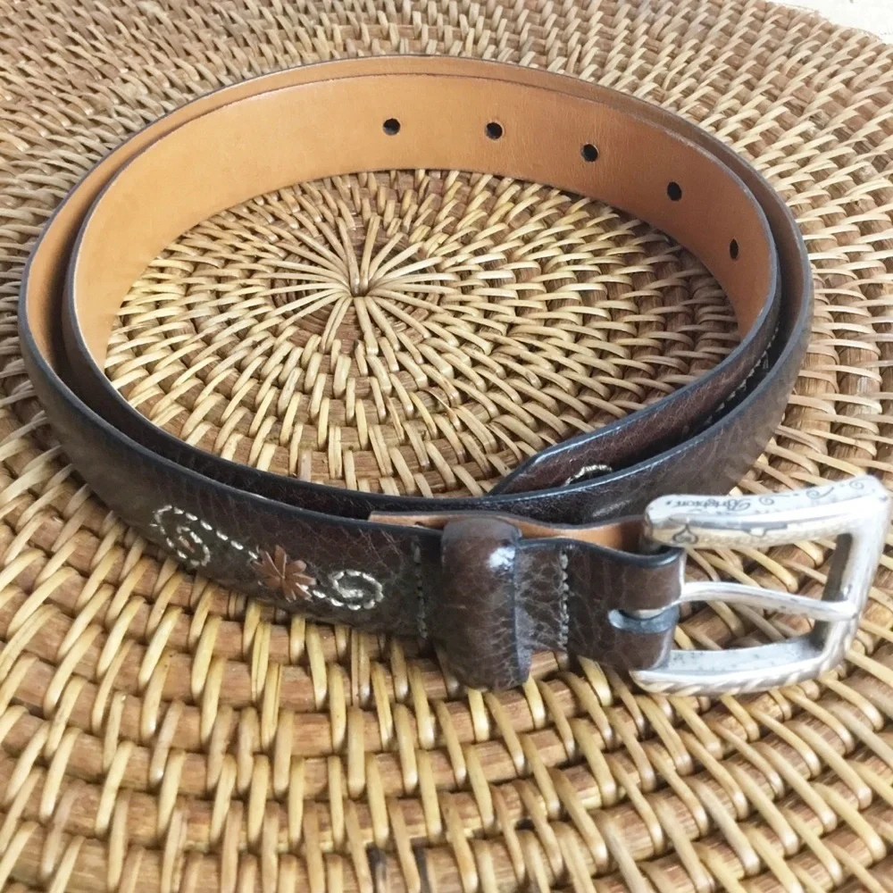 Brighton Brown Silver Embroidered Belt Size 30 Floral
